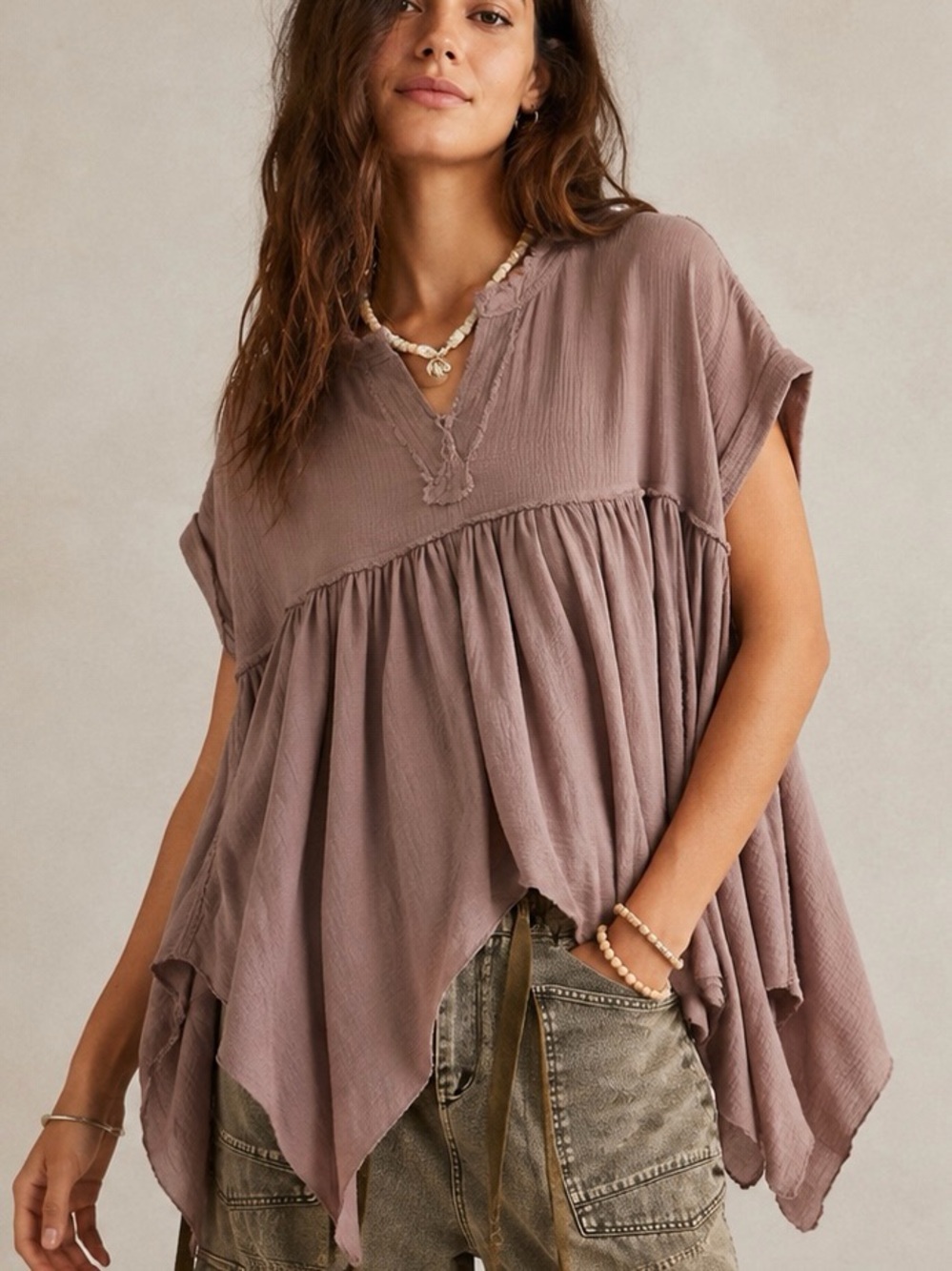 Free People Sugar Rush Babydoll Top XS Mauve Oversized Boho Handkerchief EUC